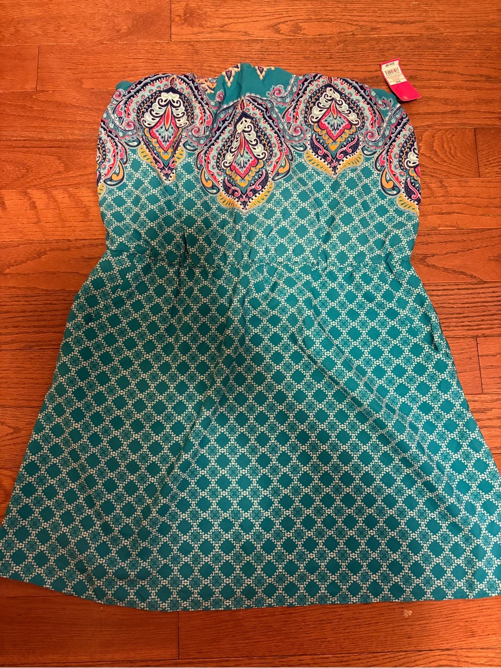 Teal Patterned Strapless Dress
